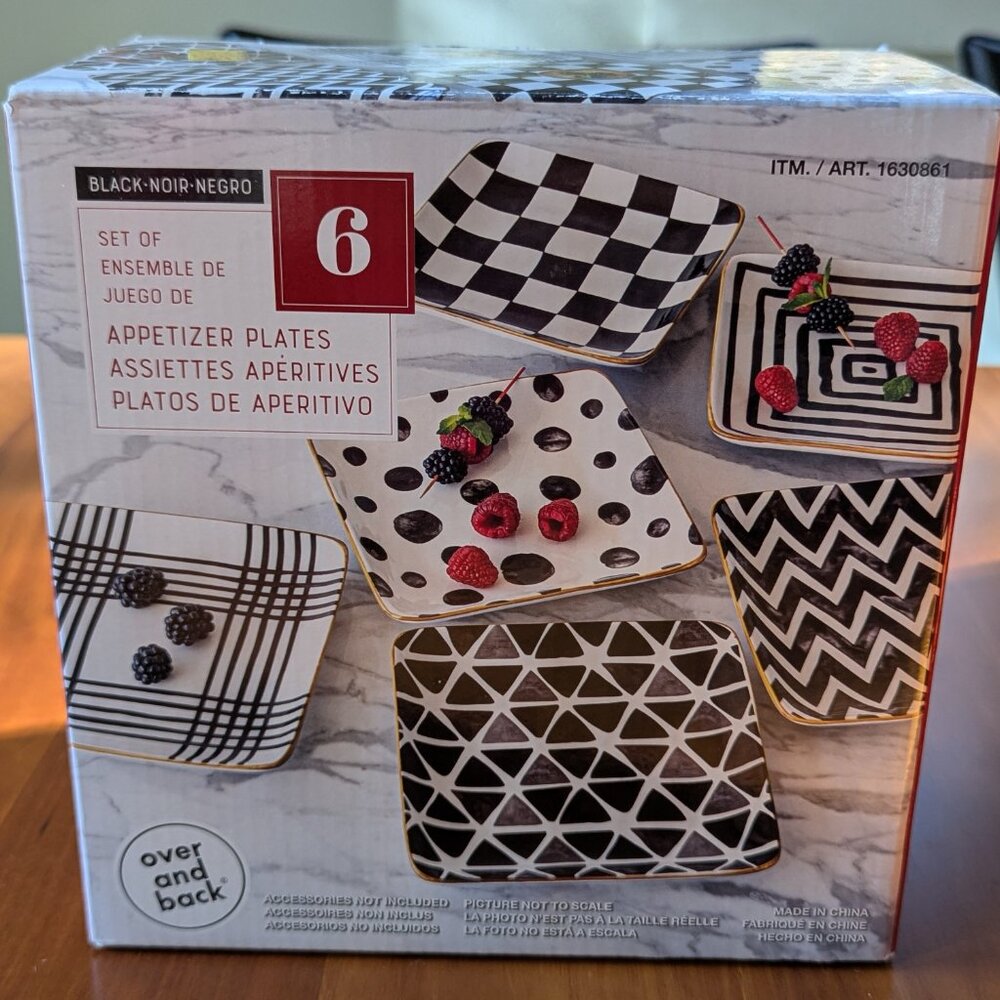NEW Appetizer Dessert Ceramic Square Plates by Over & Back - Black/White NIB  7”